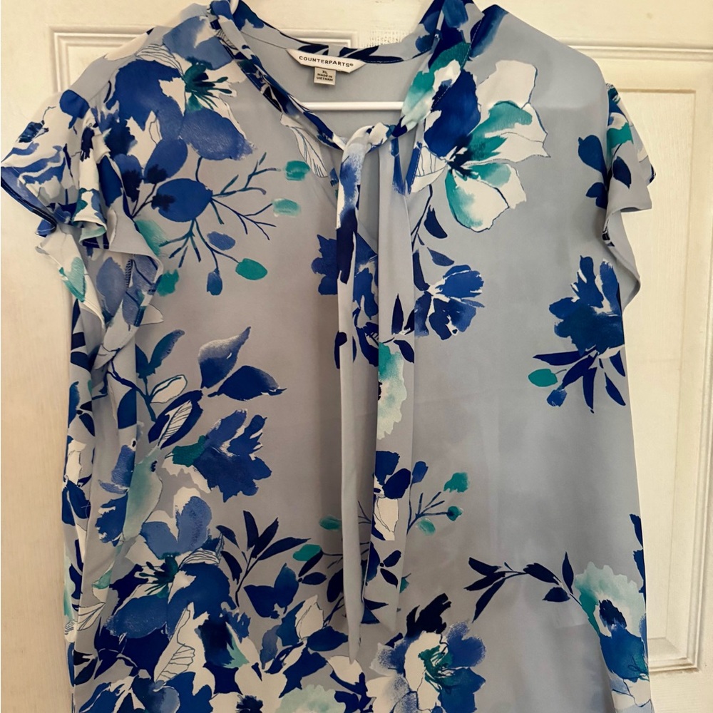 Charter Club Gray and White Ruffled Tie Front Blouse